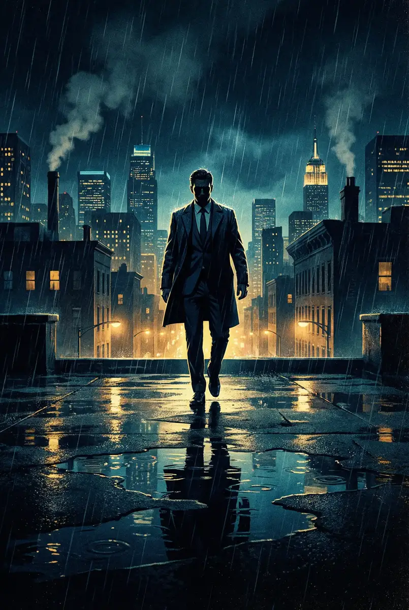 风起洛阳电视剧免费观看完整版 出品影片《雨夜独行者》海报，雨中城市屋顶男性剪影